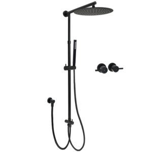 Matt black round 12 inch twin tap rain shower set mounted on a modern bathroom wall