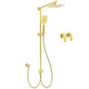 Kylins Brushed Gold Square Dual Twin Taps Shower Set mounted on a luxury bathroom wall.