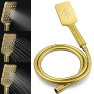 3 Mode Brushed Gold Handheld Shower Piece Resting In Adjustable Sliding Rail Holder