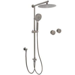 Complete gun metal dual round shower head twin rail system with overhead plate and hand wand