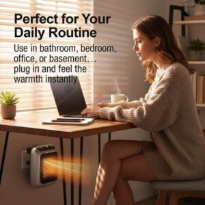 Plug-In Wall Mount Ptc Ceramic Space Heater – Sumo Deals Mini Plug-In Ceramic Space Heater Operating Near An Office Desk Setup