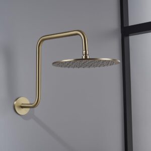 Brushed gold goose neck shower arm riser pipe with matching wall flange