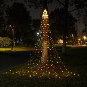 350 LED solar waterfall Christmas tree lights draped over a backyard tree at night