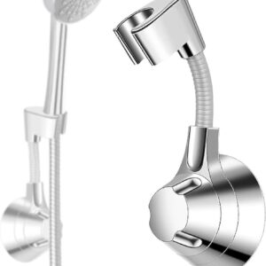 Silver no drill wall mount shower head holder on white glossy tiles