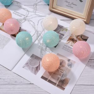 Multi-color LED round ball colored string lights glowing warmly over a bedroom headboard