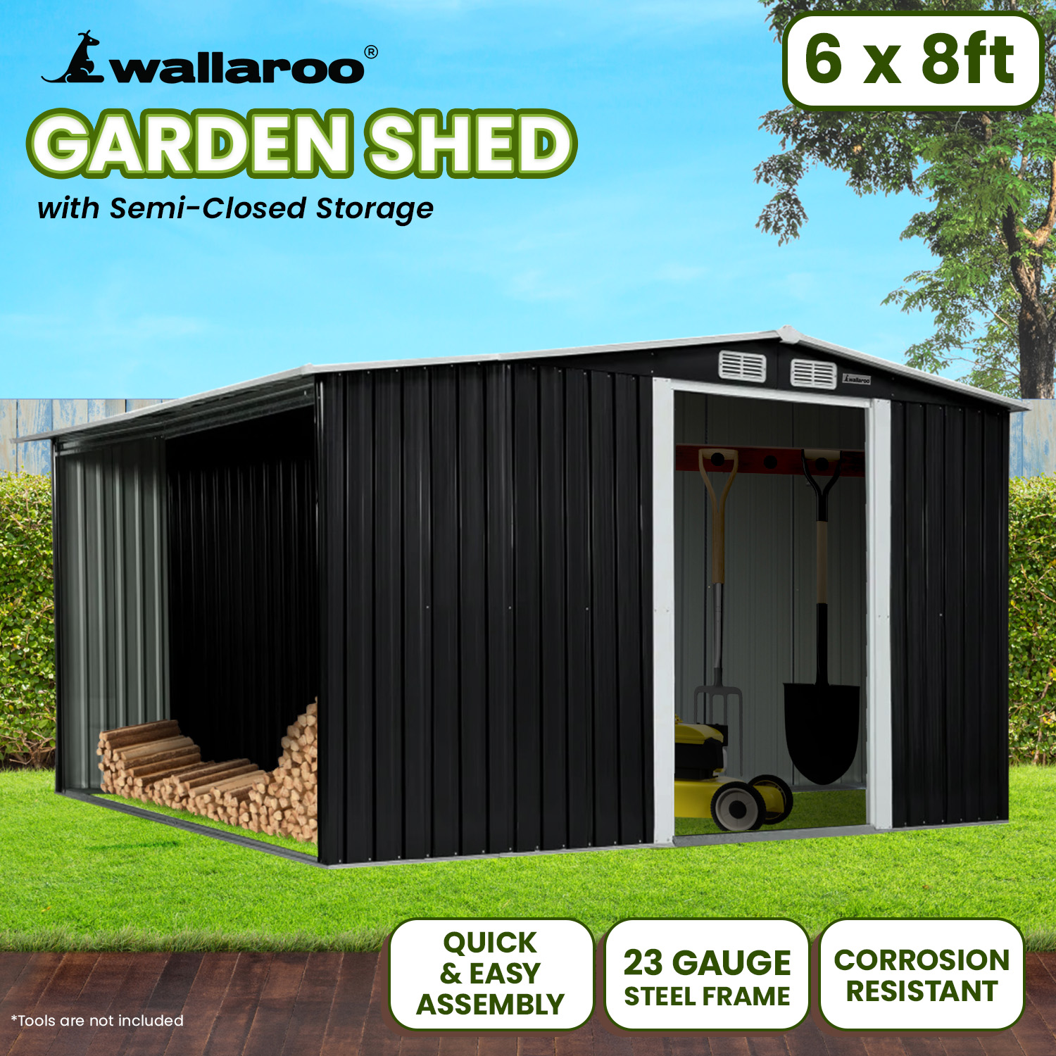 Wallaroo 6X8Ft Garden Shed With Semi-Close Storage - Black – Sumo Deals 6X8Ft Garden Shed