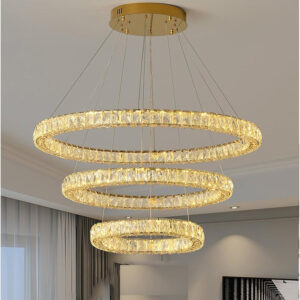 Modern Gold Crystal Chandelier 3-Tier Pendant hanging in a multi-level void entryway