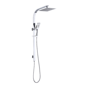 Della Francesca 10 Inch Chrome Square Dual Rain Shower Set mounted on a bathroom wall.