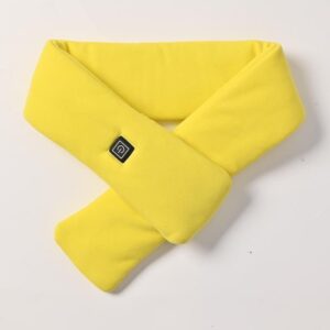Yellow graphene heated scarf worn around the neck showing the power button