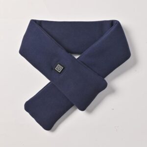 Dark blue graphene heated scarf worn around the neck showing the power button