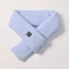 Light blue graphene heated scarf worn around the neck showing the power button