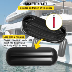 Black Ribbed Inflatable Boat Fender Hanging Vertically Protectively Against A Boat Hull