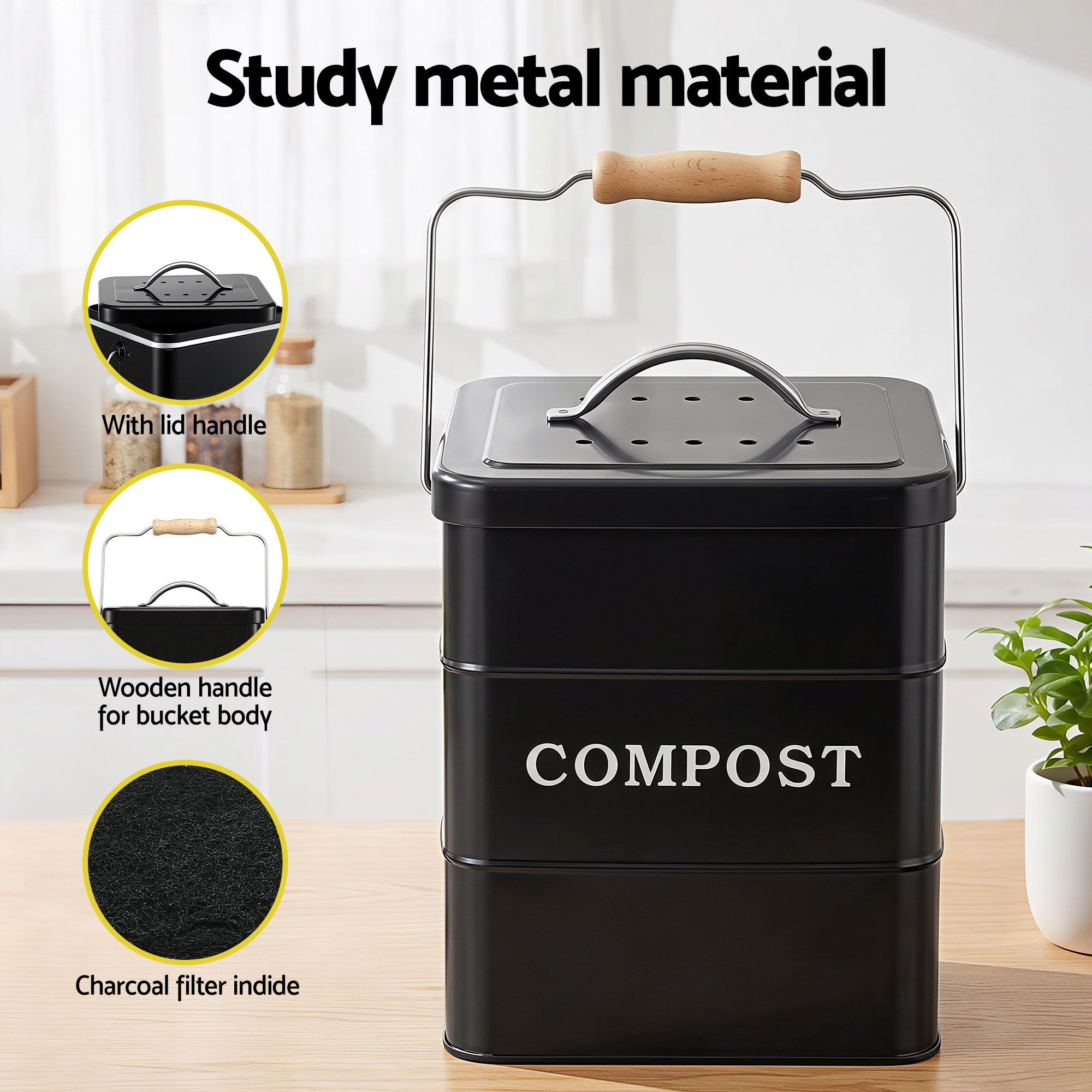 Gardeon 5L Kitchen Compost Bin - Black – Sumo Deals Gardeon 5L Compost Bin Kitchen Countertop Food Waste Caddy Black Product Image