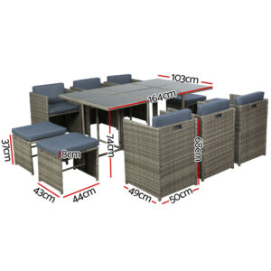 Gardeon Outdoor Dining Set 11 Piece Wicker Table Chairs Setting Grey Product Image