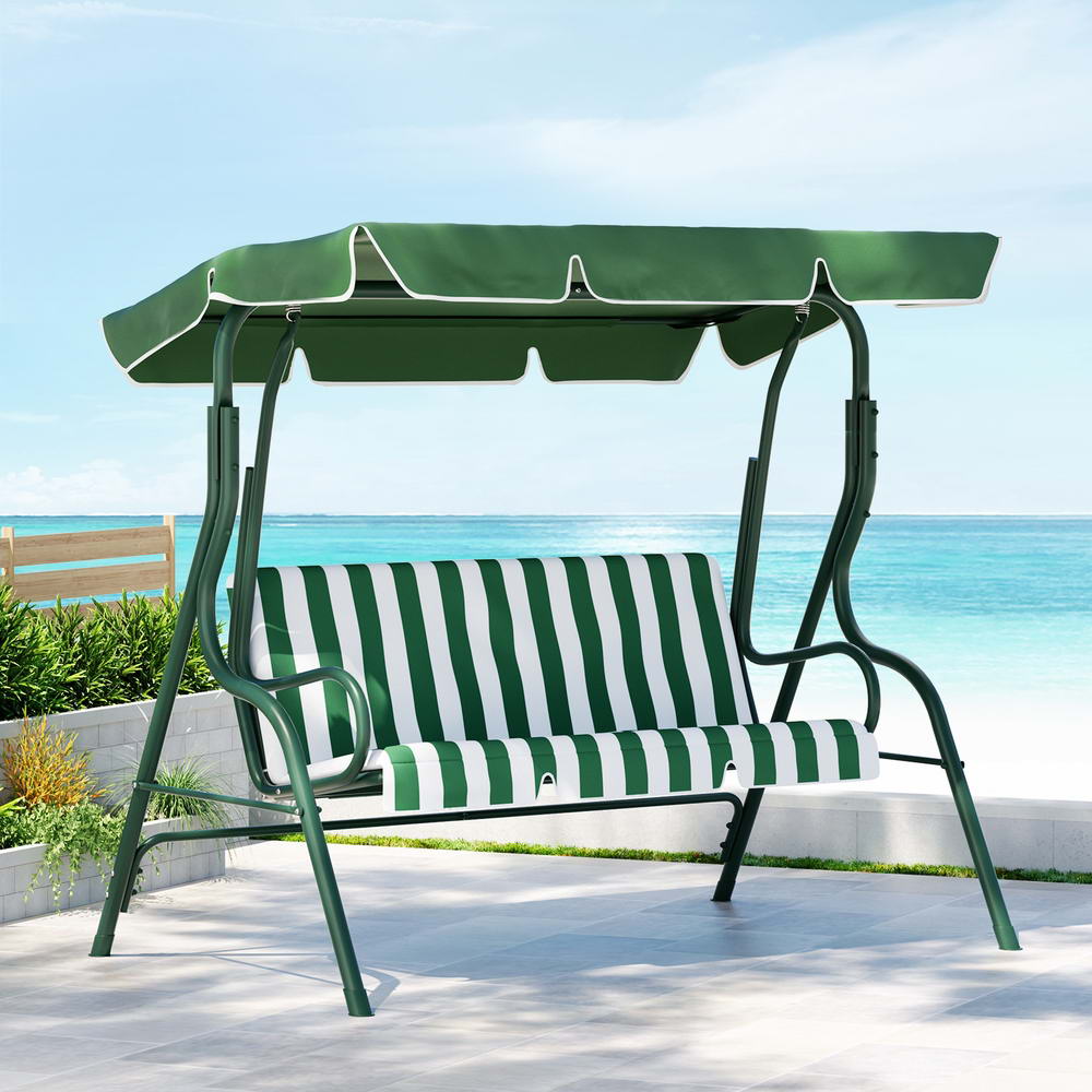 Gardeon 3-Seater Outdoor Swing Chair With Canopy – Sumo Deals Gardeon Outdoor Swing Chair Garden Bench Furniture Canopy 3 Seater White Green Product Image