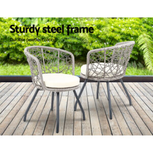 Gardeon 3Pc Bistro Set Outdoor Furniture Rattan Table Chairs Patio Garden Cushion Grey Product Image