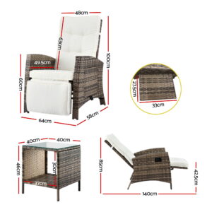 Gardeon 3Pc Outdoor Bistro Set Recliner Chairs Table Sun Lounge Patio Furniture Wicker Adjustable Product Image