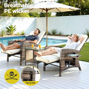 Gardeon 3Pc Outdoor Bistro Set Recliner Chairs Table Sun Lounge Patio Furniture Wicker Adjustable Product Image