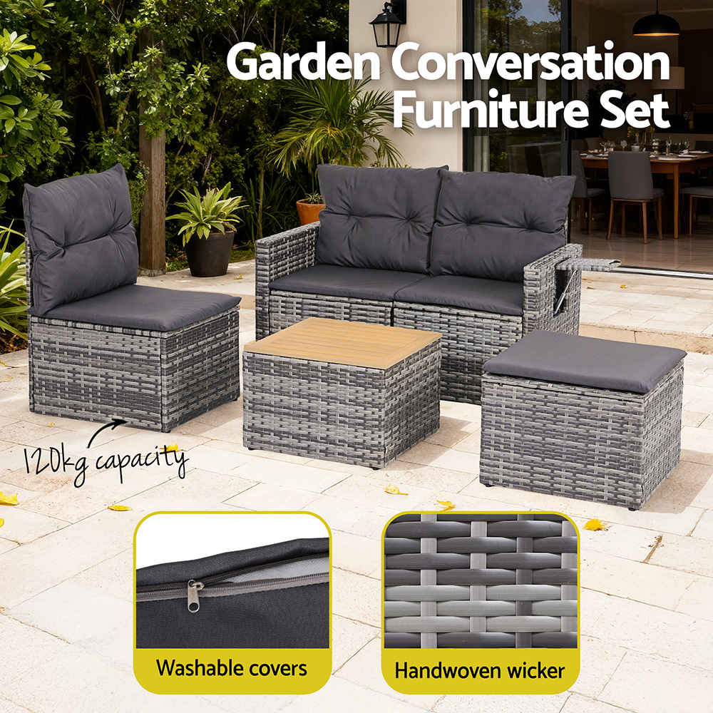 Gardeon 5-Piece Grey Rattan Outdoor Sofa Set – Sumo Deals Gardeon 5 Pieces Outdoor Sofa Set 4-Seater Grey Rattan Patio Furniture Table And Chair Setting Product Image