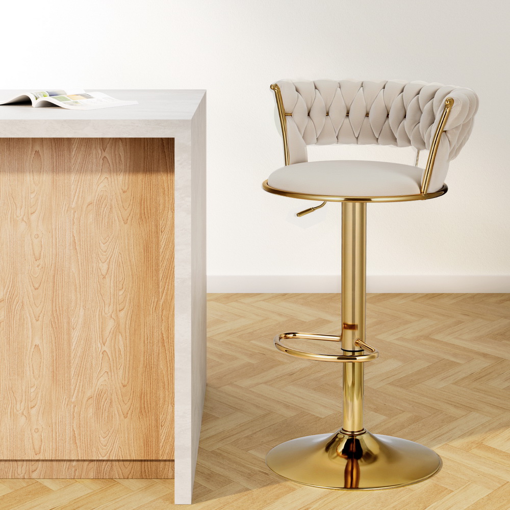 Artiss Vivien Velvet Bar Stools - Ivory (Set Of 2) – Sumo Deals Artiss Bar Stools Gas Lift Velvet Woven Backrest Ivory Product Image