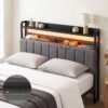 Artiss Double Headboard Charging Station Storage LED Light Grey Upholstered product image