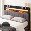 Artiss King Headboard Charging Station Storage LED Light Grey Upholstered product image