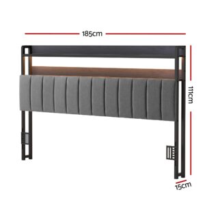 King Headboard With Charging &Amp; Led Light - Grey Upholstered – Sumo Deals Artiss King Headboard Charging Station Storage Led Light Grey Upholstered Product Image
