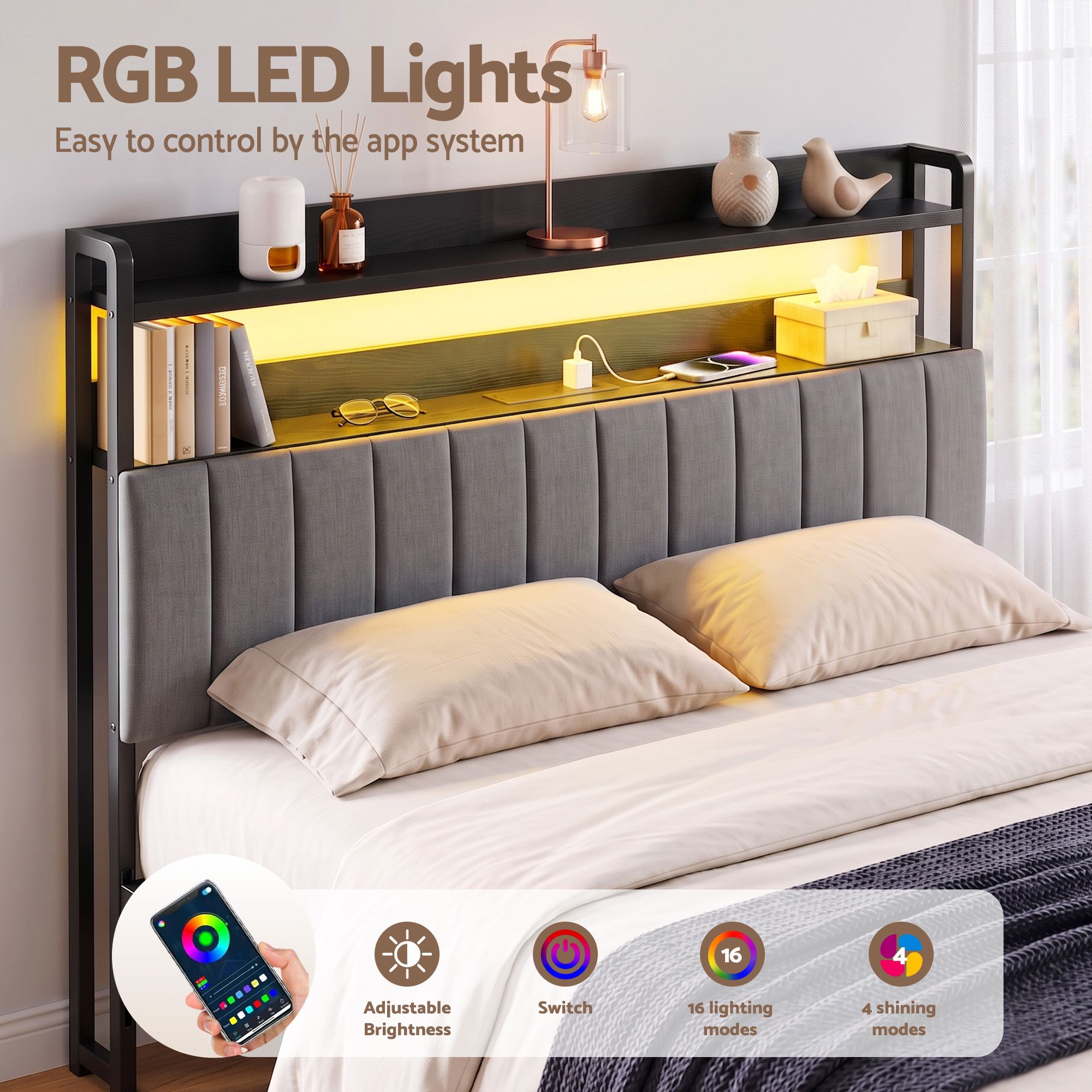 King Headboard With Charging &Amp; Led Light - Grey Upholstered – Sumo Deals Artiss King Headboard Charging Station Storage Led Light Grey Upholstered Product Image