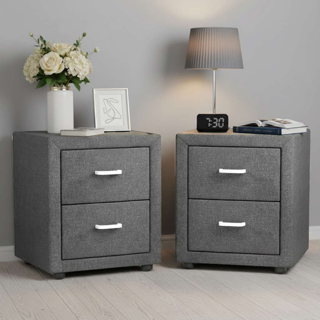Artiss Caden Grey Bedside Table With 2 Drawers – Sumo Deals Artiss 2X Bedside Table 2 Drawers Side Table Fabric - Caden Grey Product Image