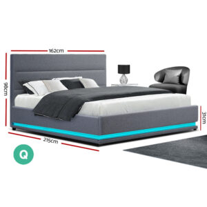 Artiss Bed Frame Queen Size Led Gas Lift Grey Lumi Product Image