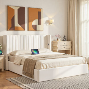 Artiss Queen Bed Frame with Gaslift Storage USB Type-C Charging Ports Velvet Upholstery White product image