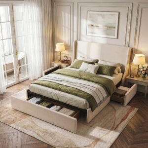 Artiss Double Upholstered Bed Frame with 3 Storage Drawers Wingback Headboard Heavy Duty Metal Platf product image