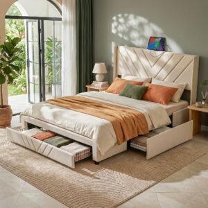 Artiss King Bed Frame with Charging Station and Storage Drawers Beige 300KG Noise Free product image