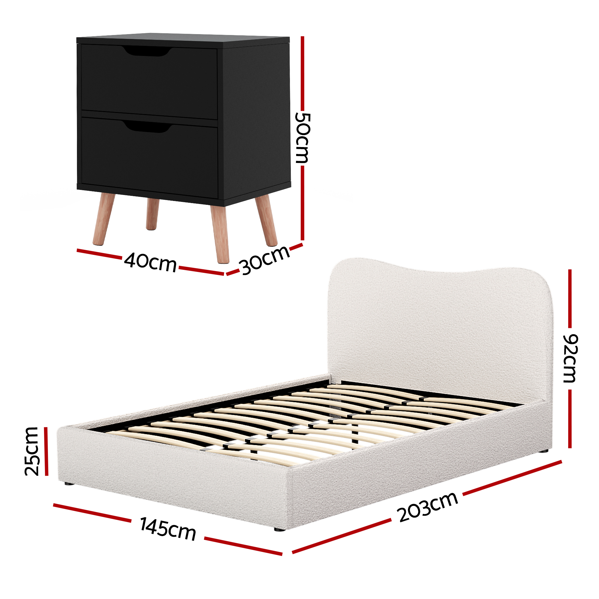 Artiss Double Bed Frame &Amp; Bedside Set - Boucle Beige – Sumo Deals Artiss Double Bed Frame And Bedside Table Set Boucle Beige With Headboard Black Nightstand Product Image