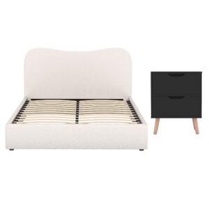Artiss Double Bed Frame &Amp; Bedside Set - Boucle Beige – Sumo Deals Artiss Double Bed Frame And Bedside Table Set Boucle Beige With Headboard Black Nightstand Product Image