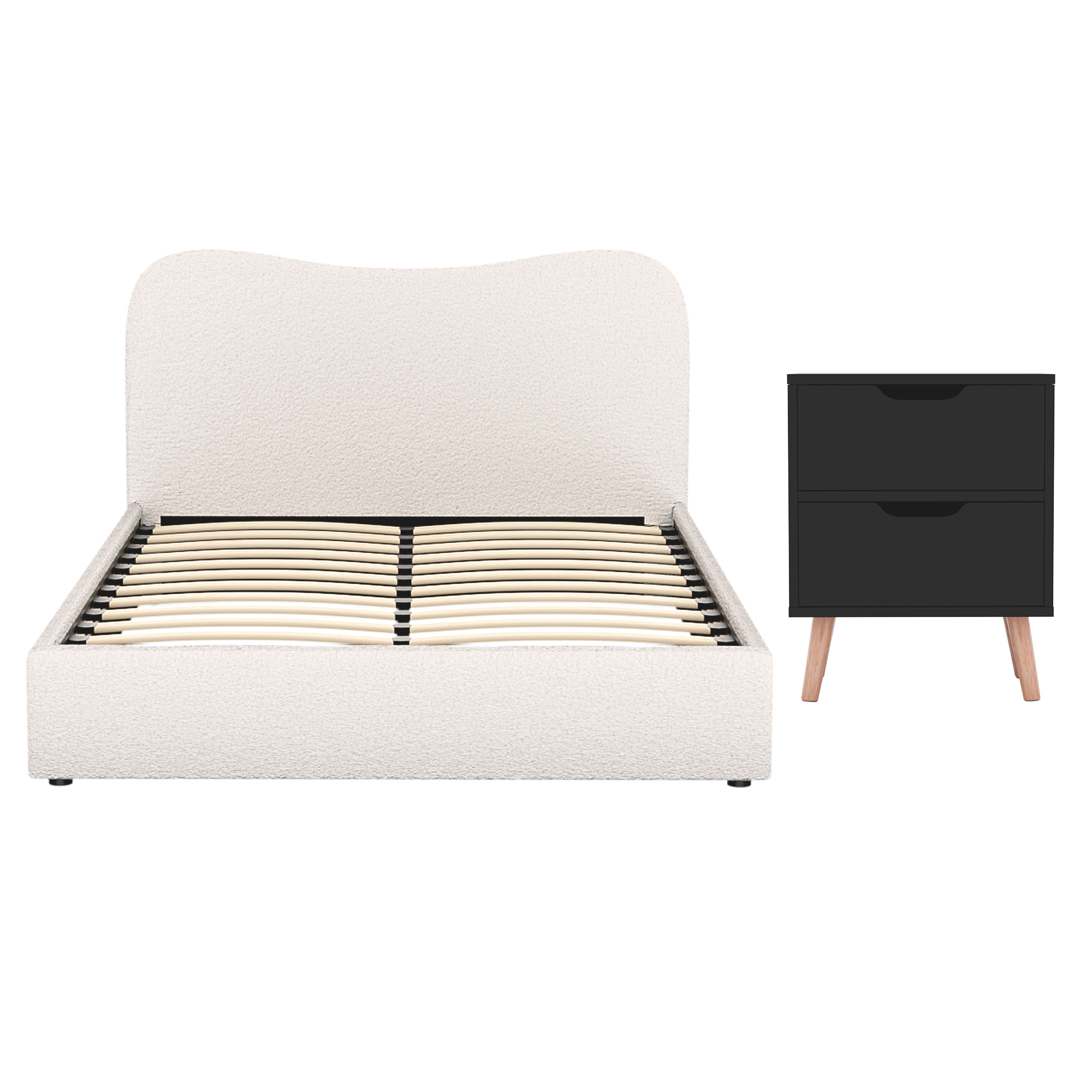 Artiss Double Bed Frame &Amp; Bedside Set - Boucle Beige – Sumo Deals Artiss Double Bed Frame And Bedside Table Set Boucle Beige With Headboard Black Nightstand Product Image