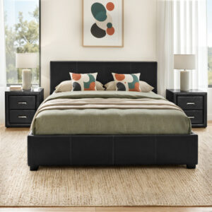Artiss Gas Lift Queen Bed Frame and 2 Bedside Table Set Leather Black product image