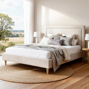 Artiss Queen Bed Frame Platform Bed Base Upholstered Headboard Linen Fabric Beige product image