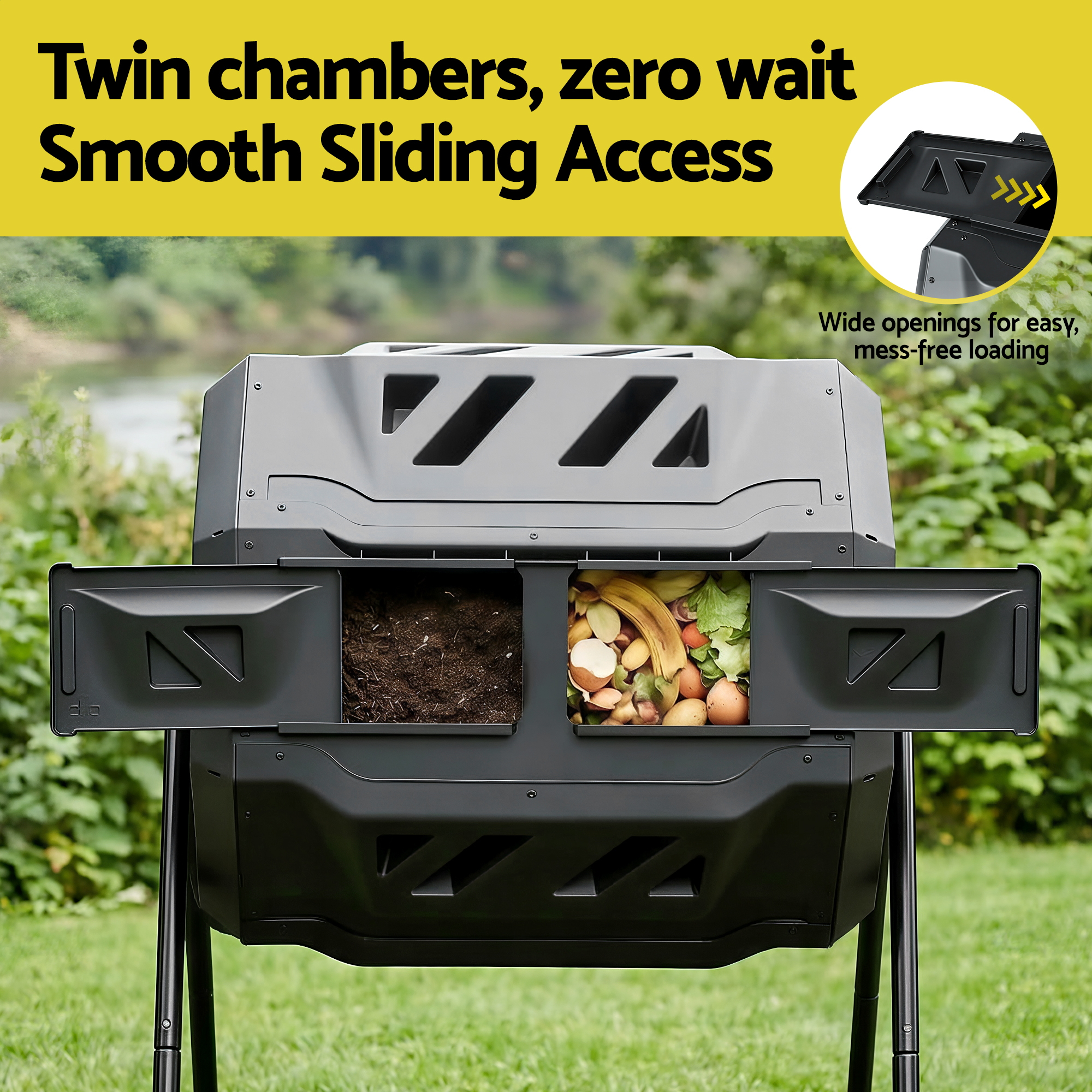 Gardeon 160L Dual-Chamber Compost Bin Tumbler – Sumo Deals Gardeon Compost Bin Dual-Chamber 160L Composter Tumbler Rotating Garden Recycle Food Waste Product Image