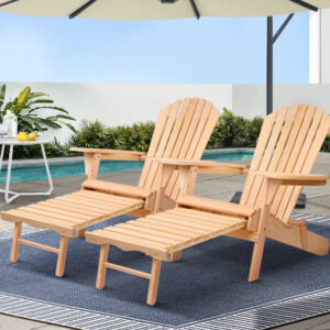 Gardeon 2PC Adirondack Outdoor Chairs Wooden Sun Lounge Patio Furniture Garden Natural product image