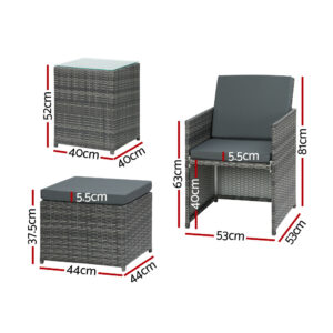 Gardeon 5Pc Bistro Set Wicker Table And Chairs Ottoman Outdoor Furniture Grey Product Image