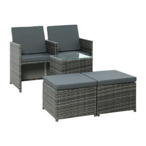 Gardeon 5Pc Bistro Set Wicker Table And Chairs Ottoman Outdoor Furniture Grey Product Image