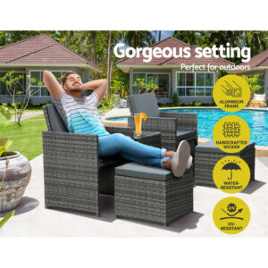 Gardeon 5Pc Bistro Set Wicker Table And Chairs Ottoman Outdoor Furniture Grey Product Image