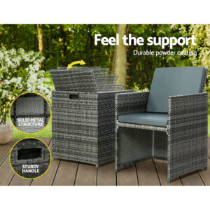 Gardeon 5Pc Bistro Set Wicker Table And Chairs Ottoman Outdoor Furniture Grey Product Image