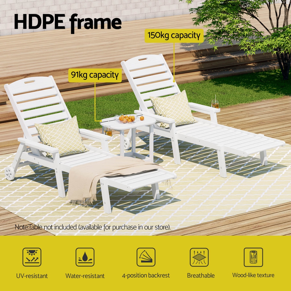 Gardeon Sun Lounge Chair With Wheels - White Hdpe – Sumo Deals Gardeon Sun Lounge Lounger Beach Chair Hdpe Patio Outdoor Furniture With Wheels White Product Image