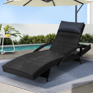 Gardeon Sun Lounge Wicker Lounger Outdoor Furniture Beach Chair Armrest Adjustable Black product image