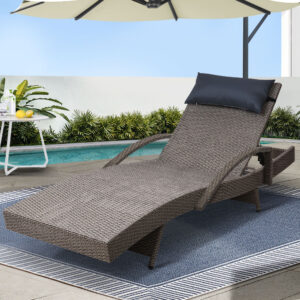 Gardeon Sun Lounge Wicker Lounger Outdoor Furniture Beach Armchair Adjustable Grey&Beige product image