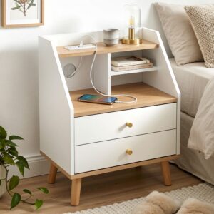 Artiss Bedside Table 2 Drawers Charging Station White and Pine product image