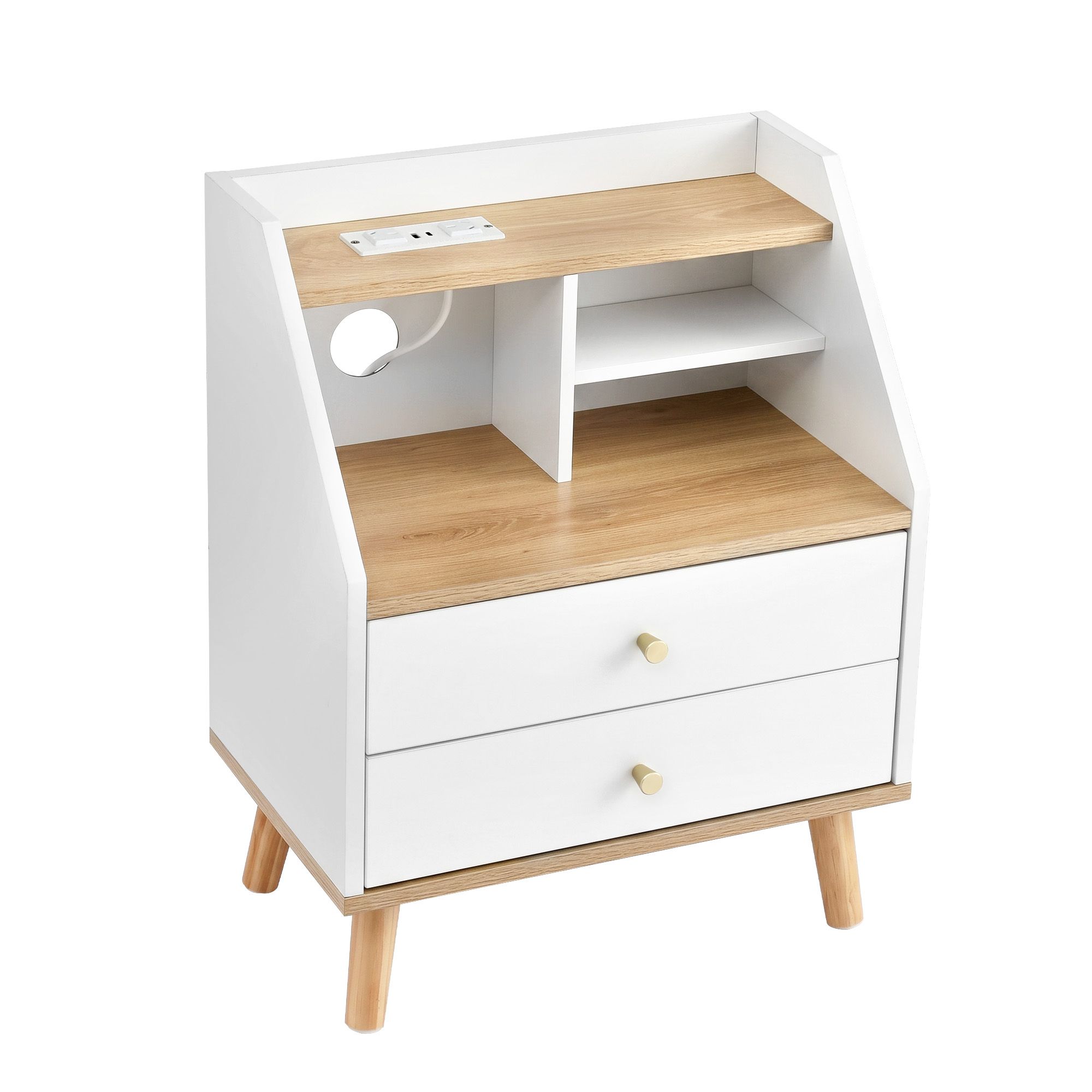Artiss Bedside Table With Charging Station - White/Pine – Sumo Deals Artiss Bedside Table 2 Drawers Charging Station White And Pine Product Image