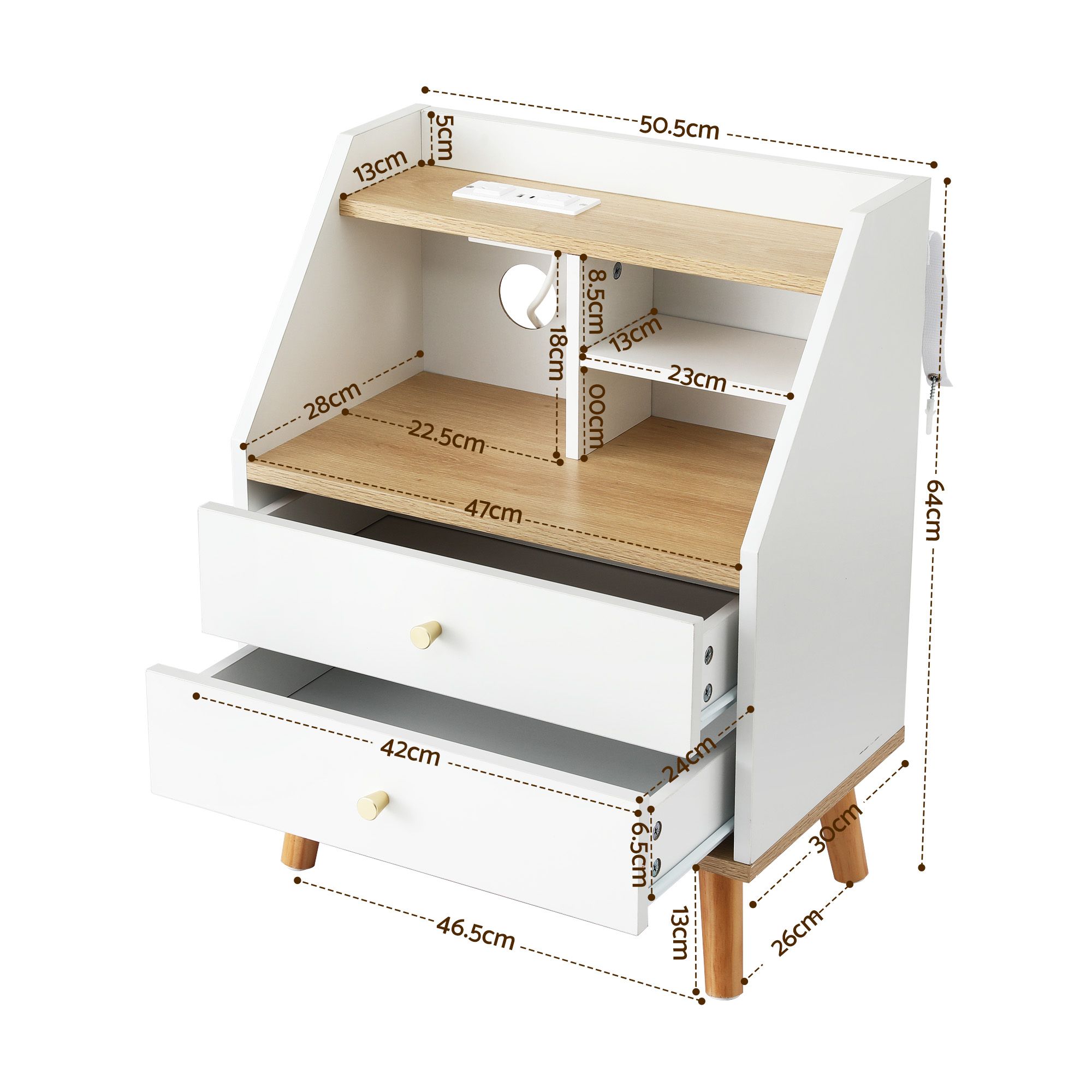 Artiss Bedside Table With Charging Station - White/Pine – Sumo Deals Artiss Bedside Table 2 Drawers Charging Station White And Pine Product Image